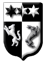 Per pale sable and argent, a wolf and a hare salient addorsed and on a chief three mullets of six points counterchanged.
